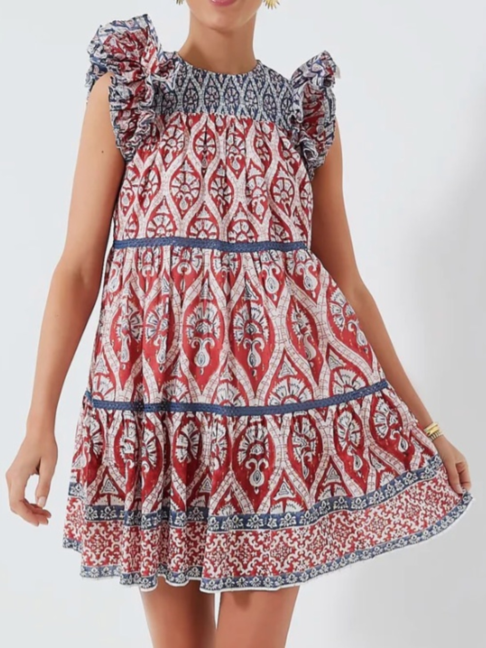 Ash & Eden Olga Red and Blue Printed Ruffle-Sleeve Dress size Large